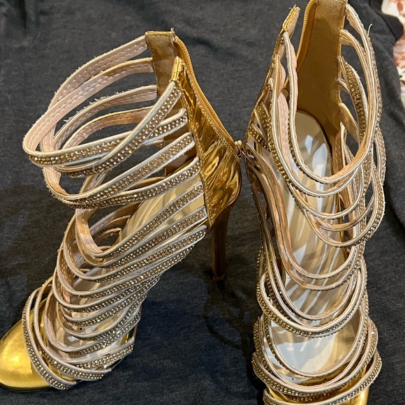 Woman High Stiletto Heel Dress Gladiator Peep Toe Sandals Gold size 8 - Picture 2 of 9